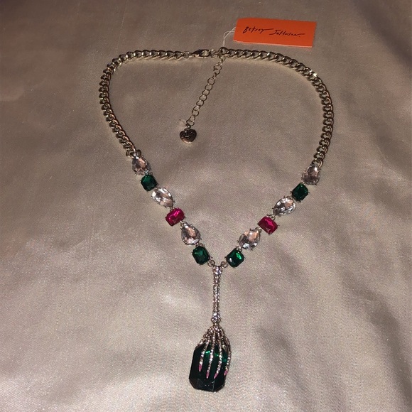 Betsey Johnson Silver Tone Skeleton Hand Y Drop Pendant Necklace Crystal NWT - Picture 15 of 16